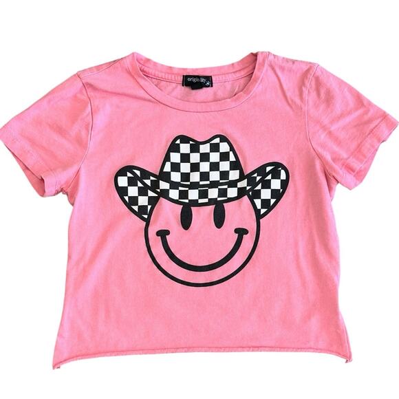 ORIGINALITY Girls Pink Checkered Smiley Face Tee Size Medium - Picture 1 of 4